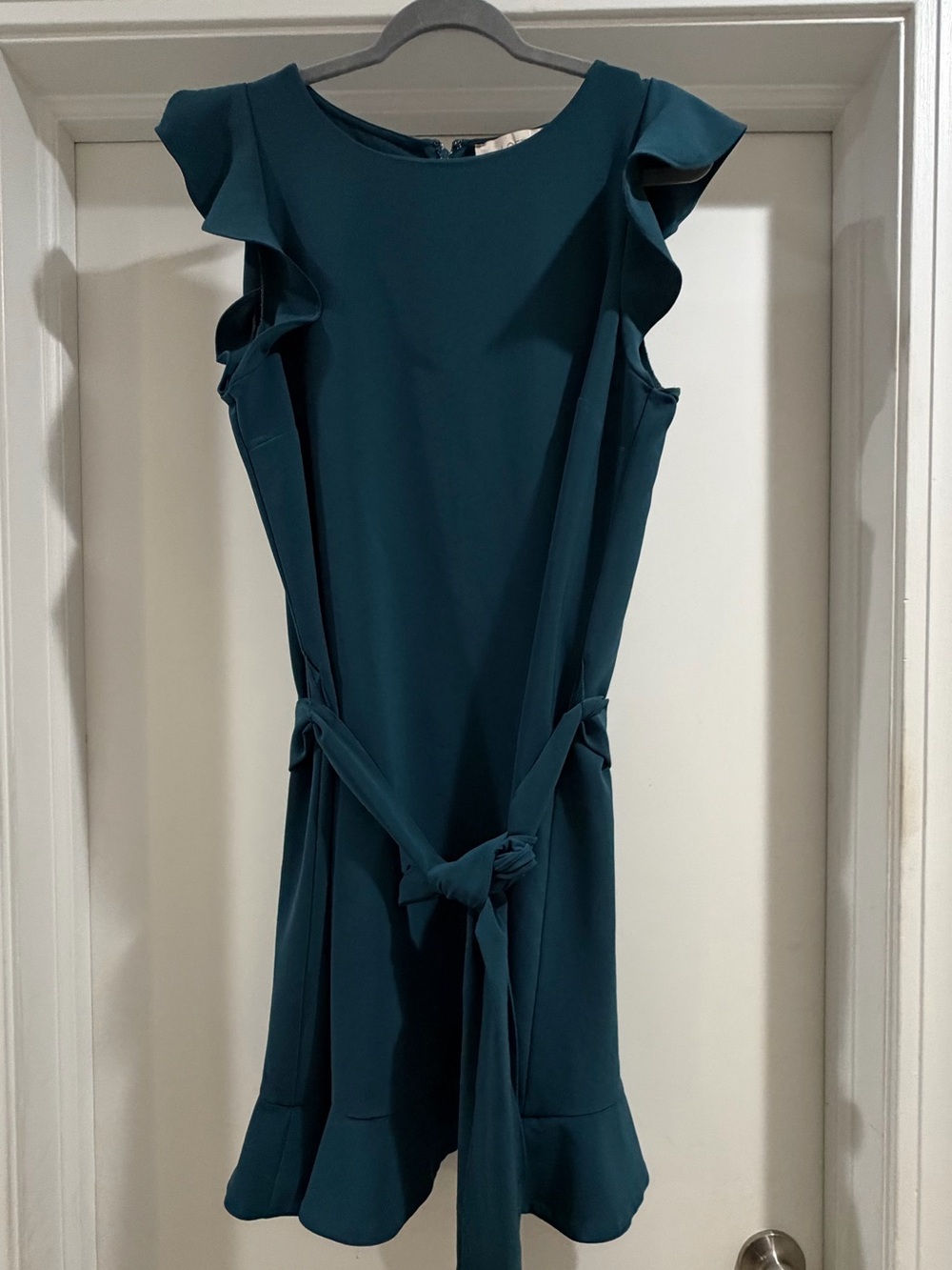 LOFT Teal Ruffle Sleeve Tie-Waist Dress